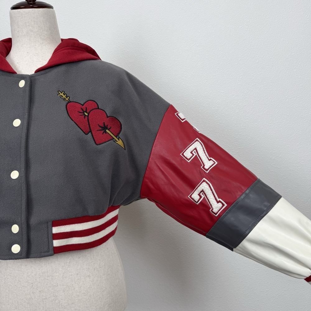 Forever 21 Varsity Jacket Womens Small Red Crop Baby Girl Y2K‎ Bratz Streetwear - Picture 7 of 14